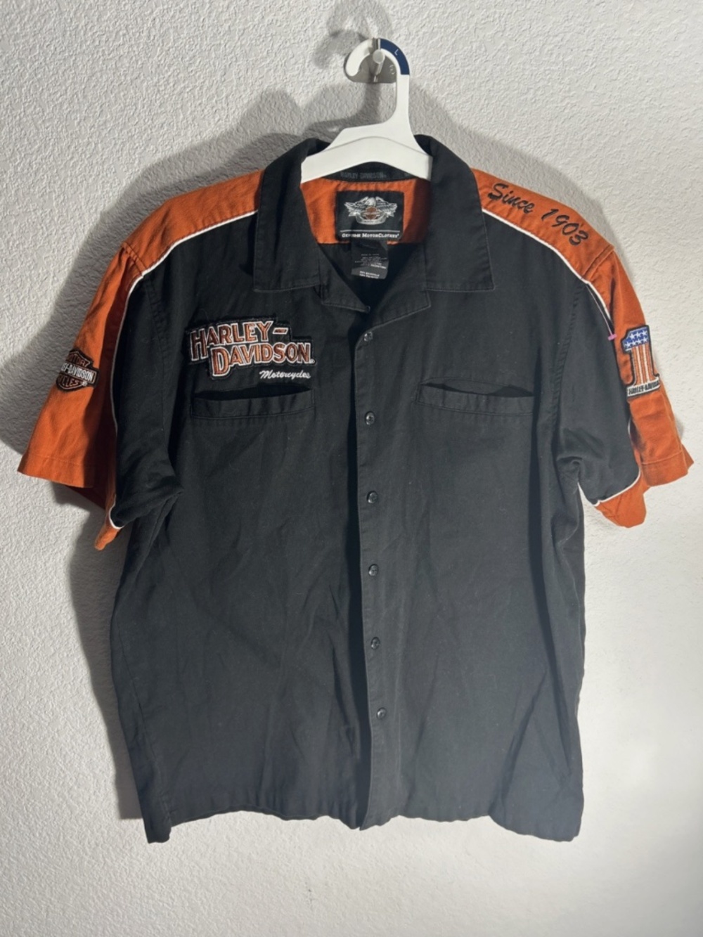 Harley Davidson Shirt Men's Large Mechanic Shop Black Orange Embroidered Logo